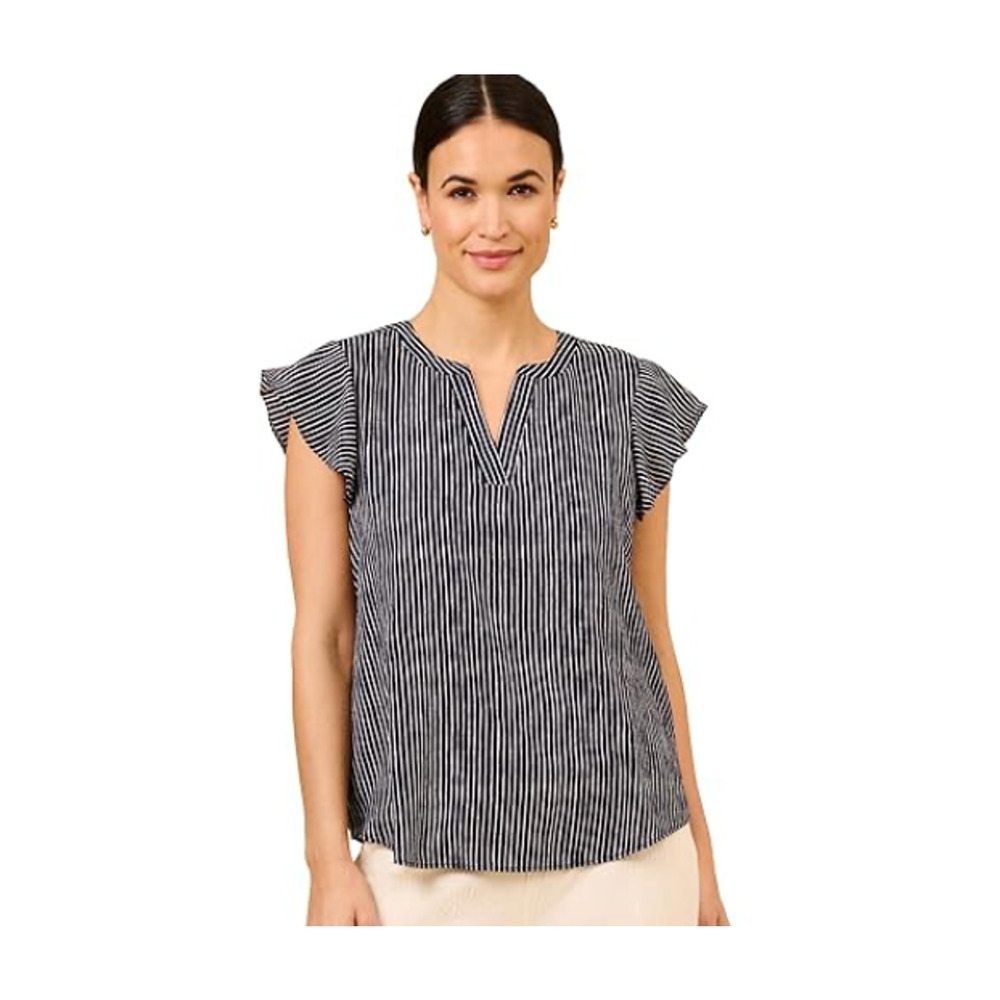 Adrianna Papell Size 3X Top - Blouse Black White Striped Flutter Short Sleeve
